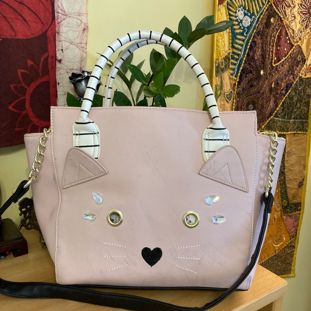 Luv Betsey Cat Face Tote Satchel Crossbody Purse Chain Strap Bag Charm